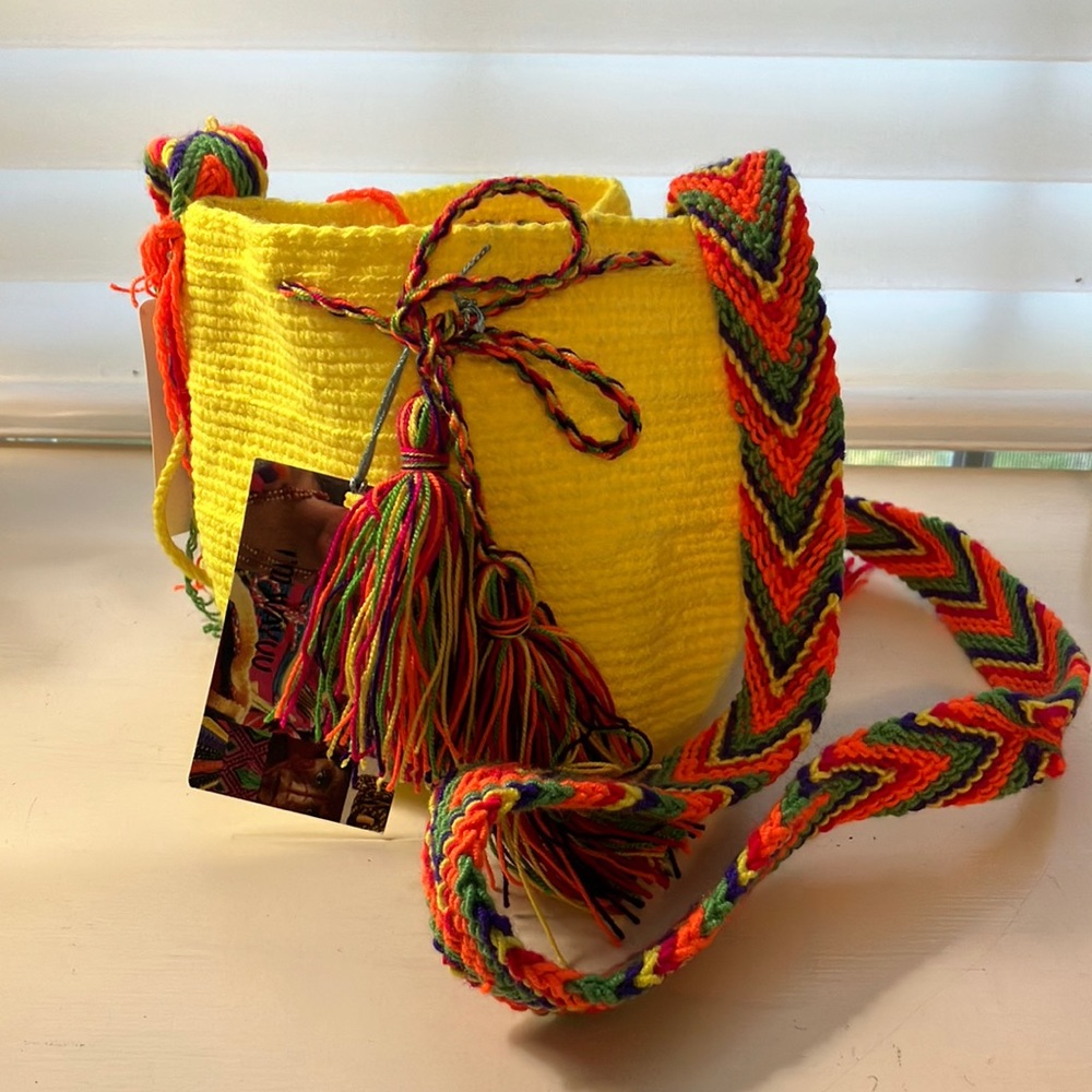 Wayuu small Mochila bags Handmade yellow and multi-colored strap